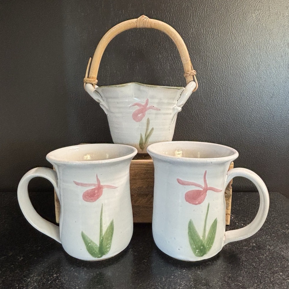 Studio Pottery Mug Set Basket Tulip Floral White Pink Cute Country Cottage EUC